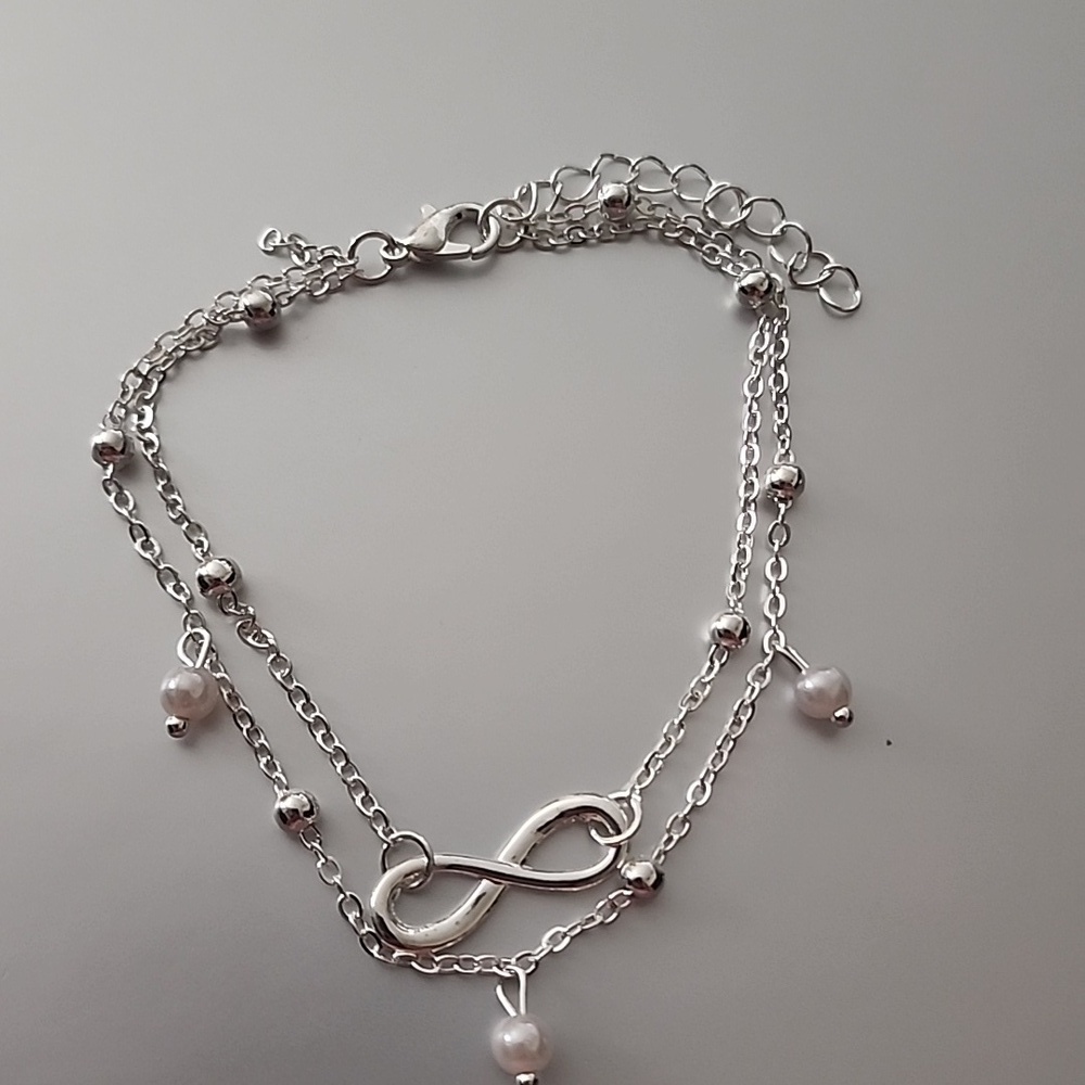 BEADED Faux Pearl  ANKLET Infinity Charm  Stainless + Silver Coat